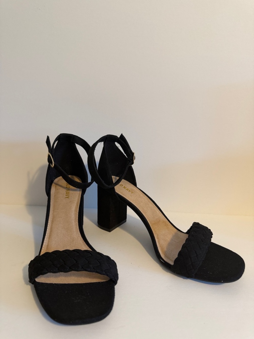 Old Navy Black Suede Braided Ankle-Strap Block Heel Sandals